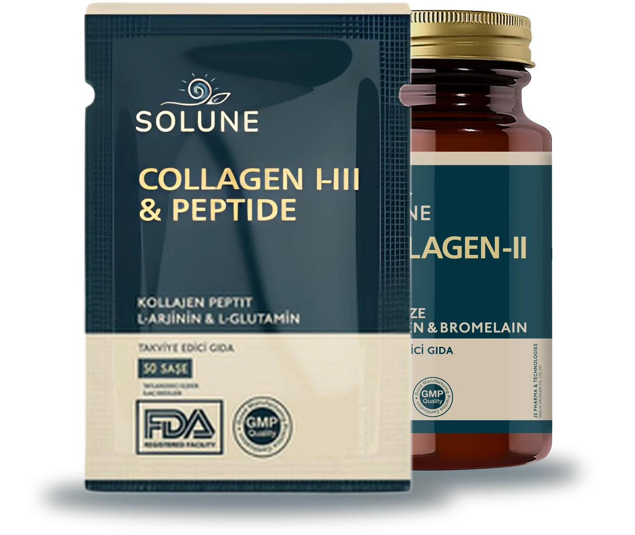 Önde Solune Kolajen I-III & Peptit saşesi, arkasında Kolajen-II & Bromelain şişesi