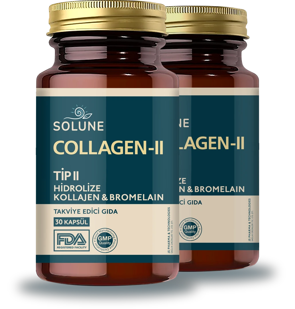 İki adet Solune Kolajen-II & Bromelain şişesi