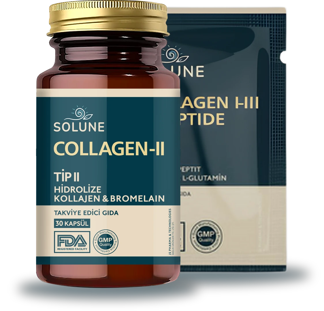Önde Solune Kolajen-II & Bromelain şişesi, arkasında Kolajen I-III & Peptit saşesi